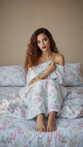 A lifestyle model sitting on Heirloom 500 thread count mint blue floral organic cotton luxury bedsheet in a modern bedroom