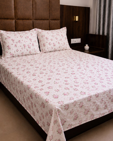 Manor | King Size Bedsheet | Off White & Rose Pink | 500 TC | 100% Cotton | 2 Pillow Covers