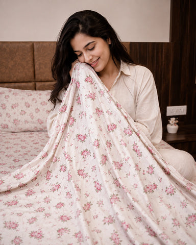 Manor | King Size Bedsheet | Off White & Rose Pink | 500 TC | 100% Cotton | 2 Pillow Covers