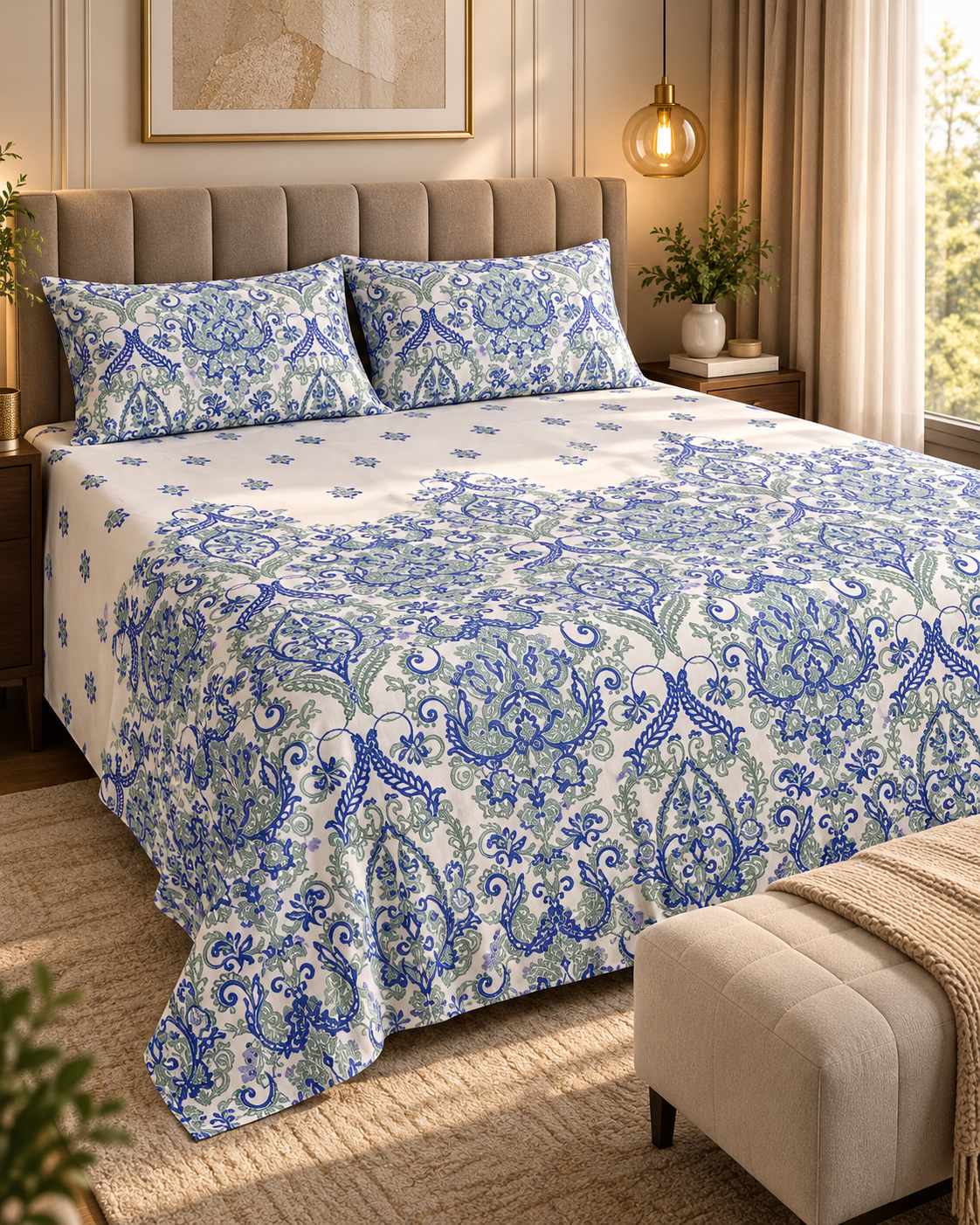 Kinetic | King Size Bedsheet | White & Indigo | 500 TC | 100% Cotton | 2 Pillow Covers