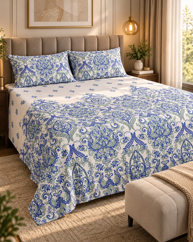 Kinetic | King Size Bedsheet | White & Indigo | 500 TC | 100% Cotton | 2 Pillow Covers