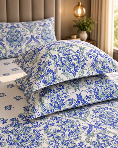 Kinetic | King Size Bedsheet | White & Indigo | 500 TC | 100% Cotton | 2 Pillow Covers