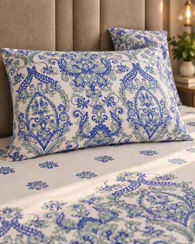 Kinetic | King Size Bedsheet | White & Indigo | 500 TC | 100% Cotton | 2 Pillow Covers