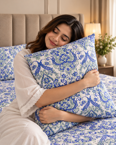 Kinetic | King Size Bedsheet | White & Indigo | 500 TC | 100% Cotton | 2 Pillow Covers