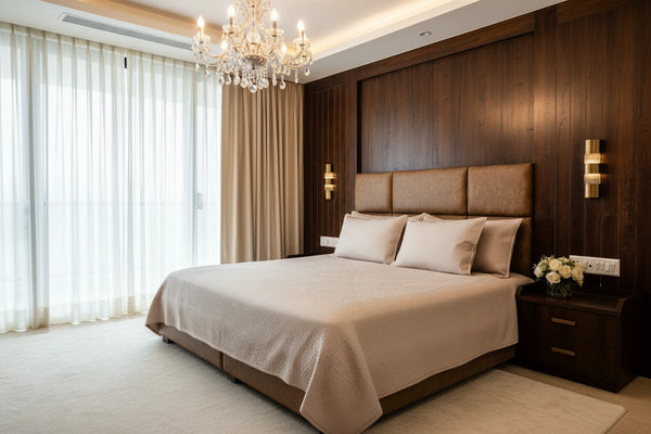 Full modern luxury bedroom display of Chateau luxury beige quilted bedsheet with matching pillow covers styled on a modern bed in 100% organic cotton 500 thread count texture