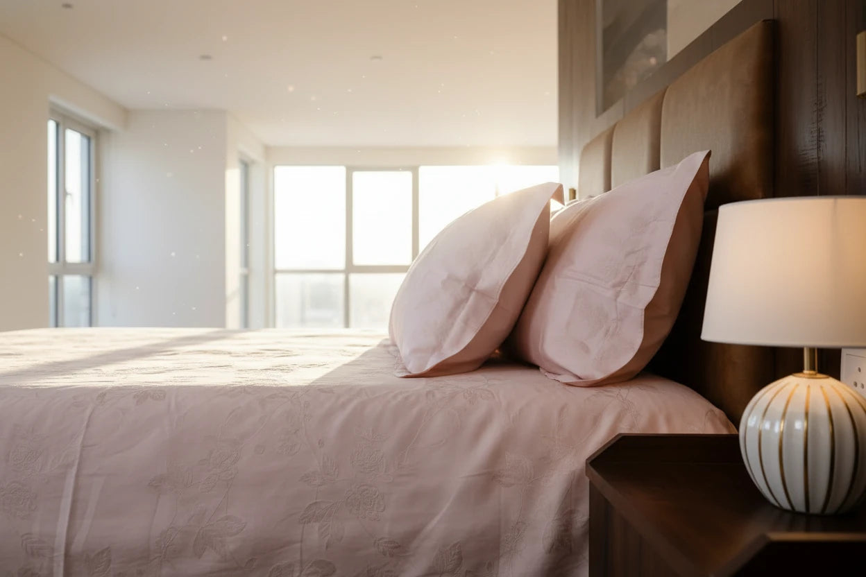 Luxury rose gold 1000 thread count organic cotton jacquard bedsheet set styled on a super king bed with matching pillow covers in lifestyle bedroom