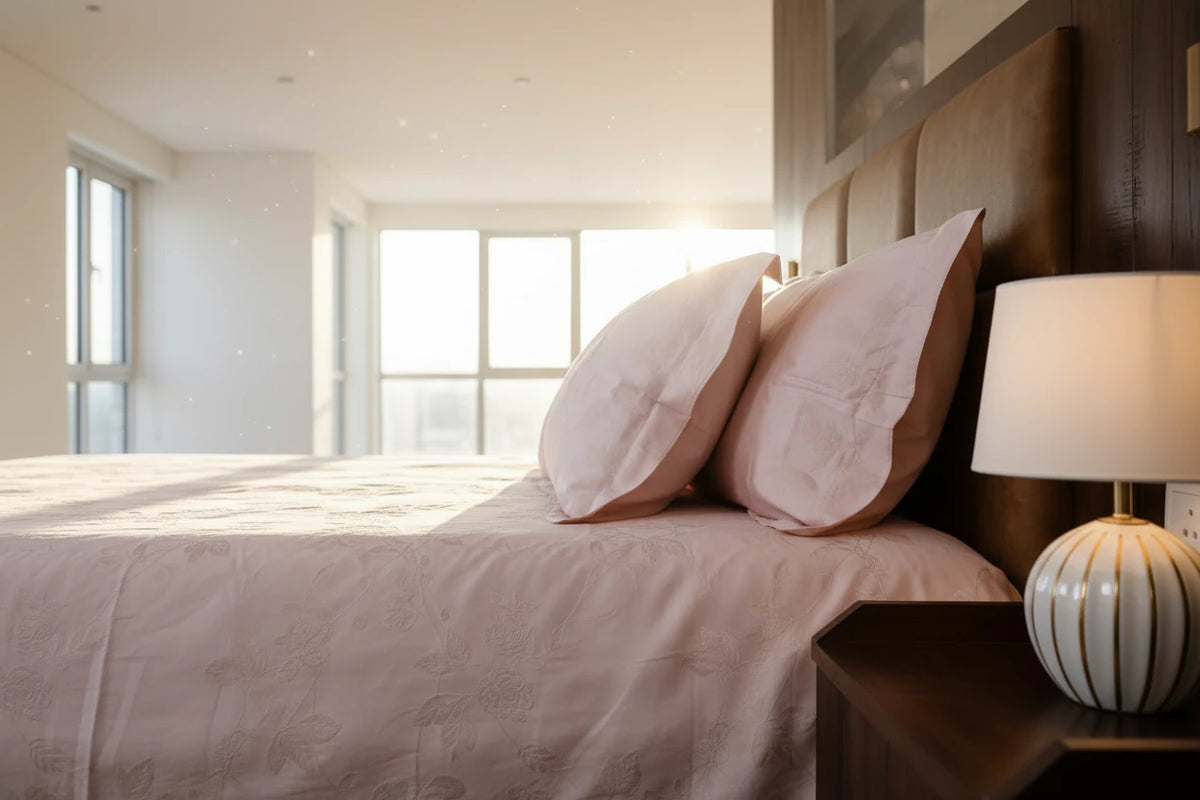 Luxury rose gold 1000 thread count organic cotton jacquard bedsheet set styled on a super king bed with matching pillow covers in lifestyle bedroom