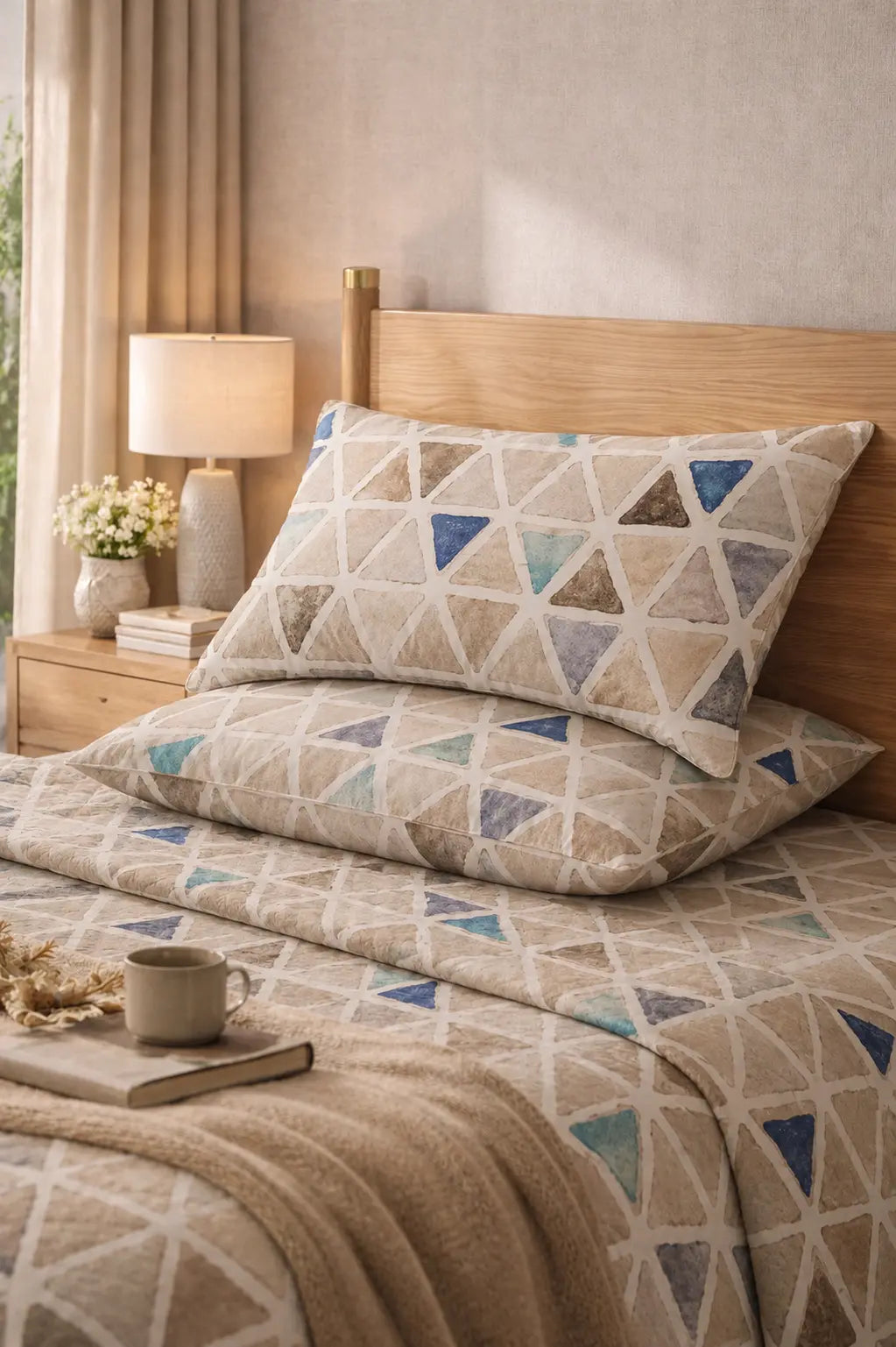 Vellum luxury beige cotton bedsheet styled on a cozy bed with matching pillows and watercolor-inspired triangle mosaic design