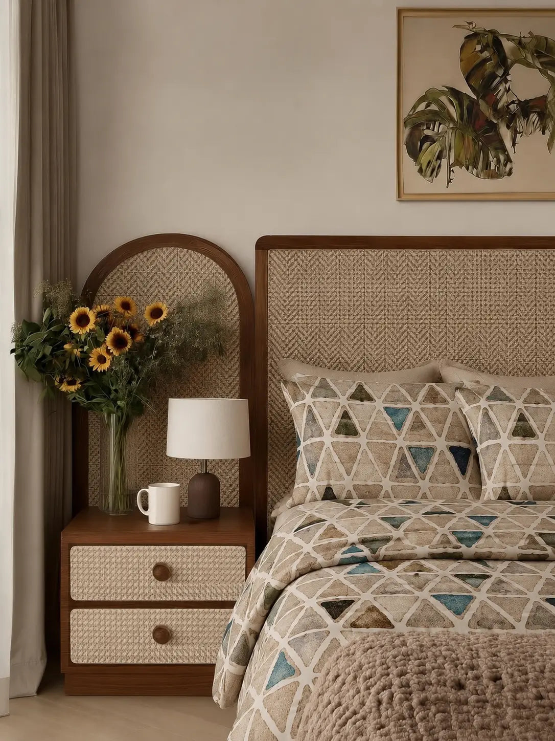 Vellum beige geometric bedsheet set displayed in an elegant bedroom with premium cotton finish and modern artistic pattern