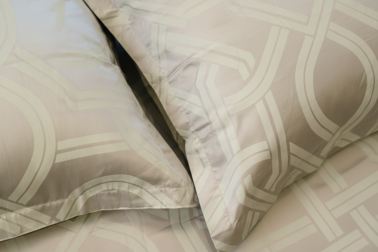 Chaste premium beige pillow cover with matching bedsheet folds, showcasing breathable organic cotton and a sophisticated geometric jacquard finish
