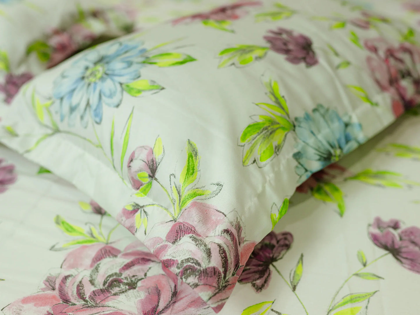 Mosaic luxury pillow cover in creamy white floral print with soft cotton finish and elegant pastel bedroom styling