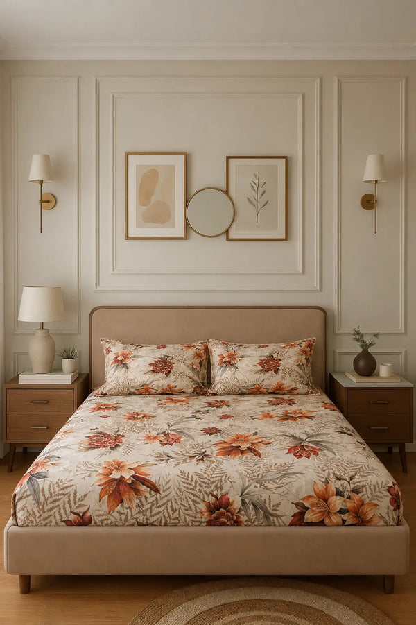 Symmetry luxury grayish base cotton bedsheet styled on a premium bed with bold tropical floral print and matching pillow covers.