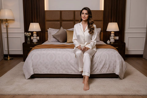 Pristine luxury grey cotton bedsheet styled on a premium bed with matching pillows and elegant geometric jacquard design