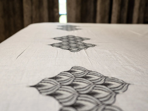 Detailed view of Solace luxury cotton bedsheet featuring centered embroidered motifs, breathable smooth texture, and sophisticated modern elegance