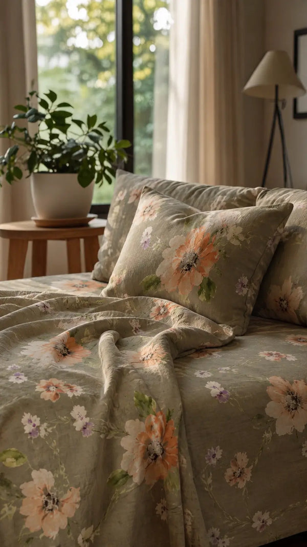 Muse greyish green luxury bedsheet displayed in a bright bedroom with matching pillows and soft tropical floral cotton fabric