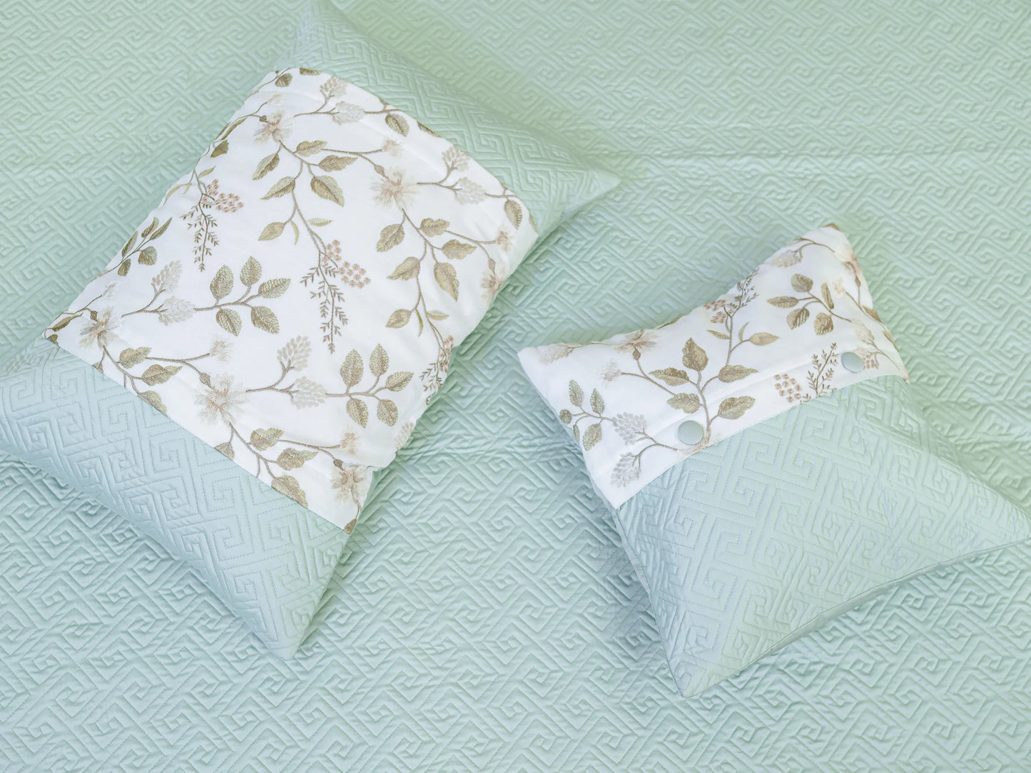 Luxury plush green 100% cotton quilted embroidered bedsheet with elegant geometric pattern and matching two pillow cover and two cushion cover