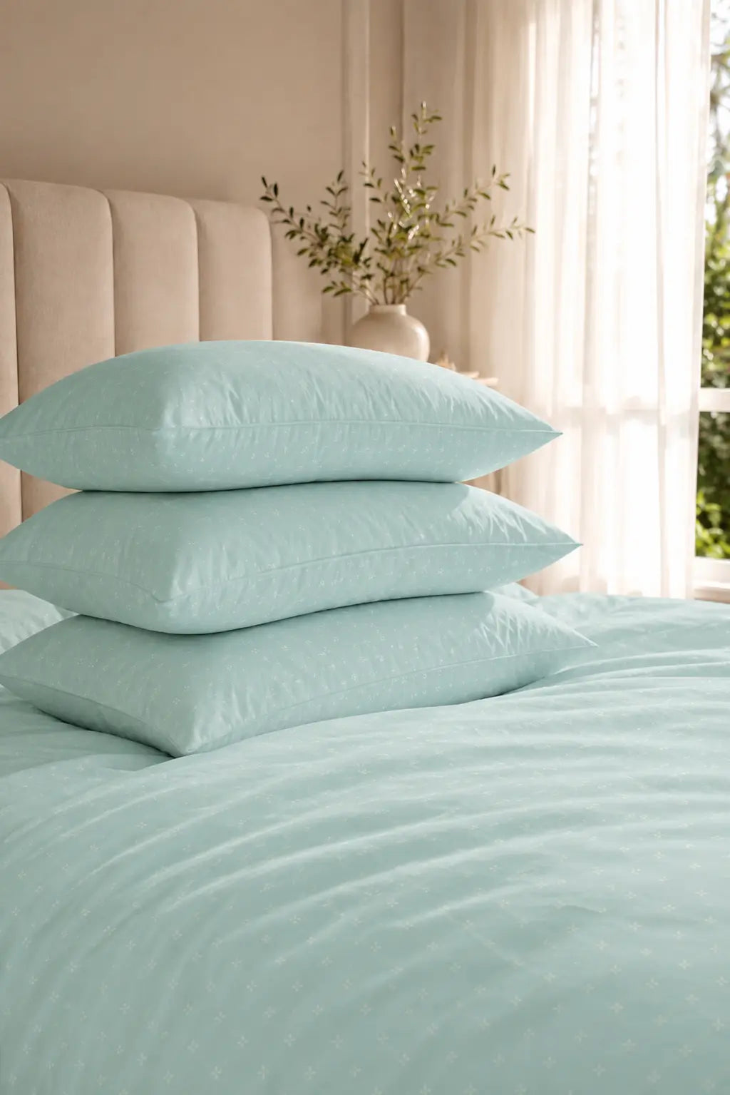 Folded sea green luxury Swiss dot cotton bedsheet showcasing premium fabric texture and refined craftsmanship