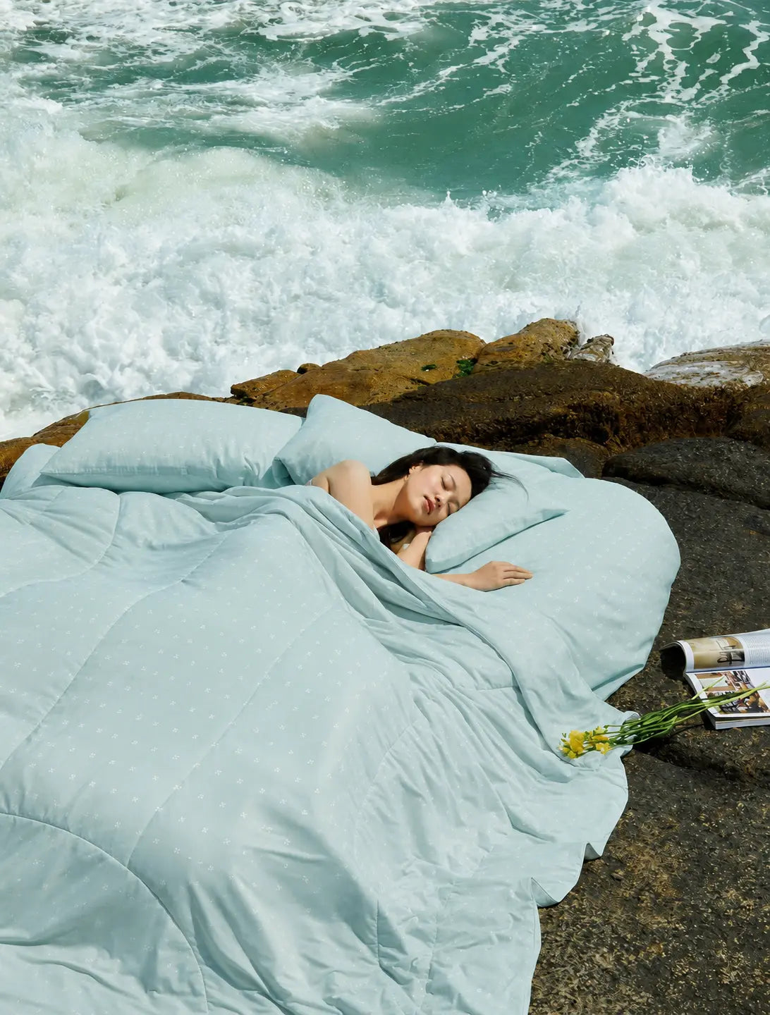 Luxury sea green Swiss dot cotton bedsheet styled on a modern bed with matching pillow covers in an elegant bedroom showcasing lifestyle 