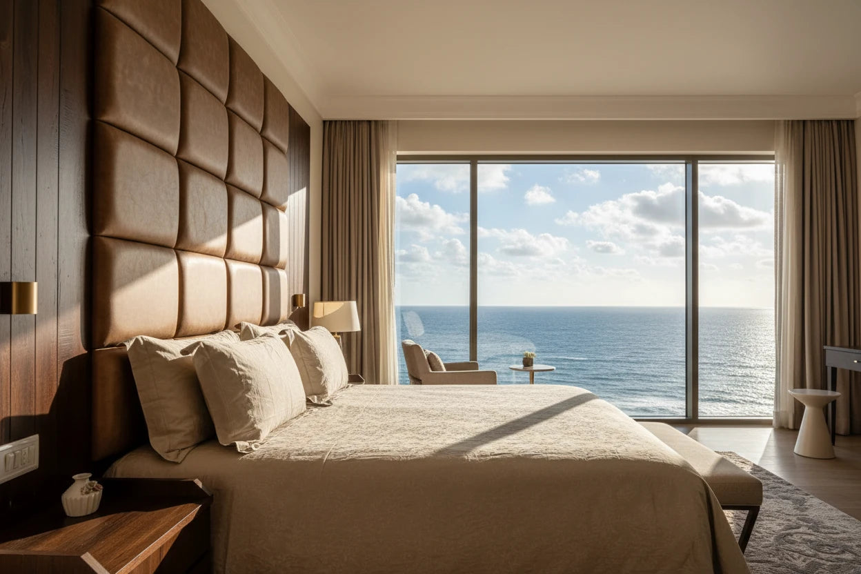 Svelte luxury grey linen bedsheet styled in an ocean-view bedroom with matching pillows and elegant self-jacquard botanical vine design.