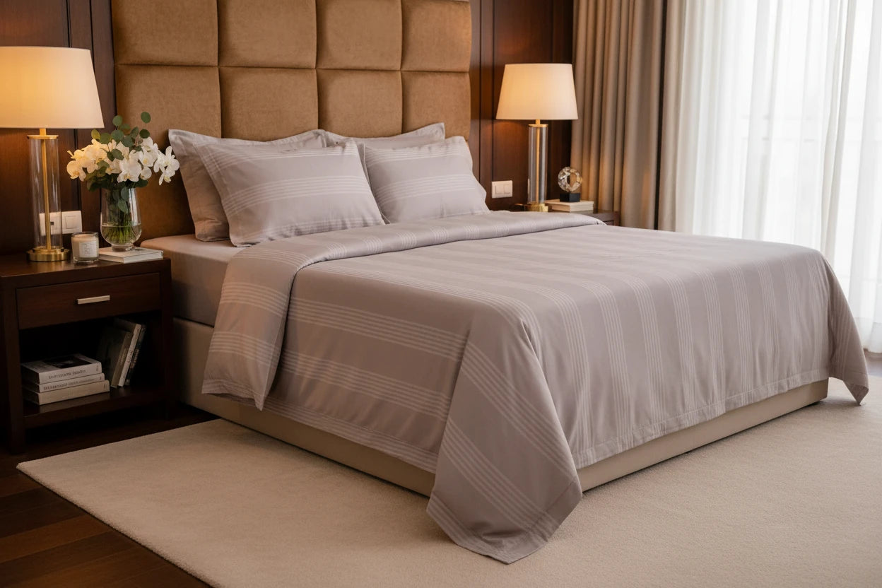 Zenith luxury steel grey cotton bedsheet styled on a premium bed with matching flanged pillow covers and elegant self-stripe design