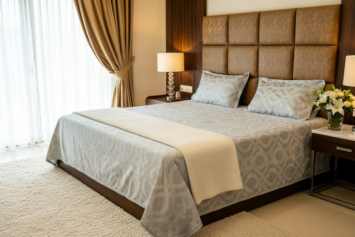 Chaste luxury beige bedsheet set styled on a premium bed with matching pillow covers, showcasing a sophisticated geometric jacquard design