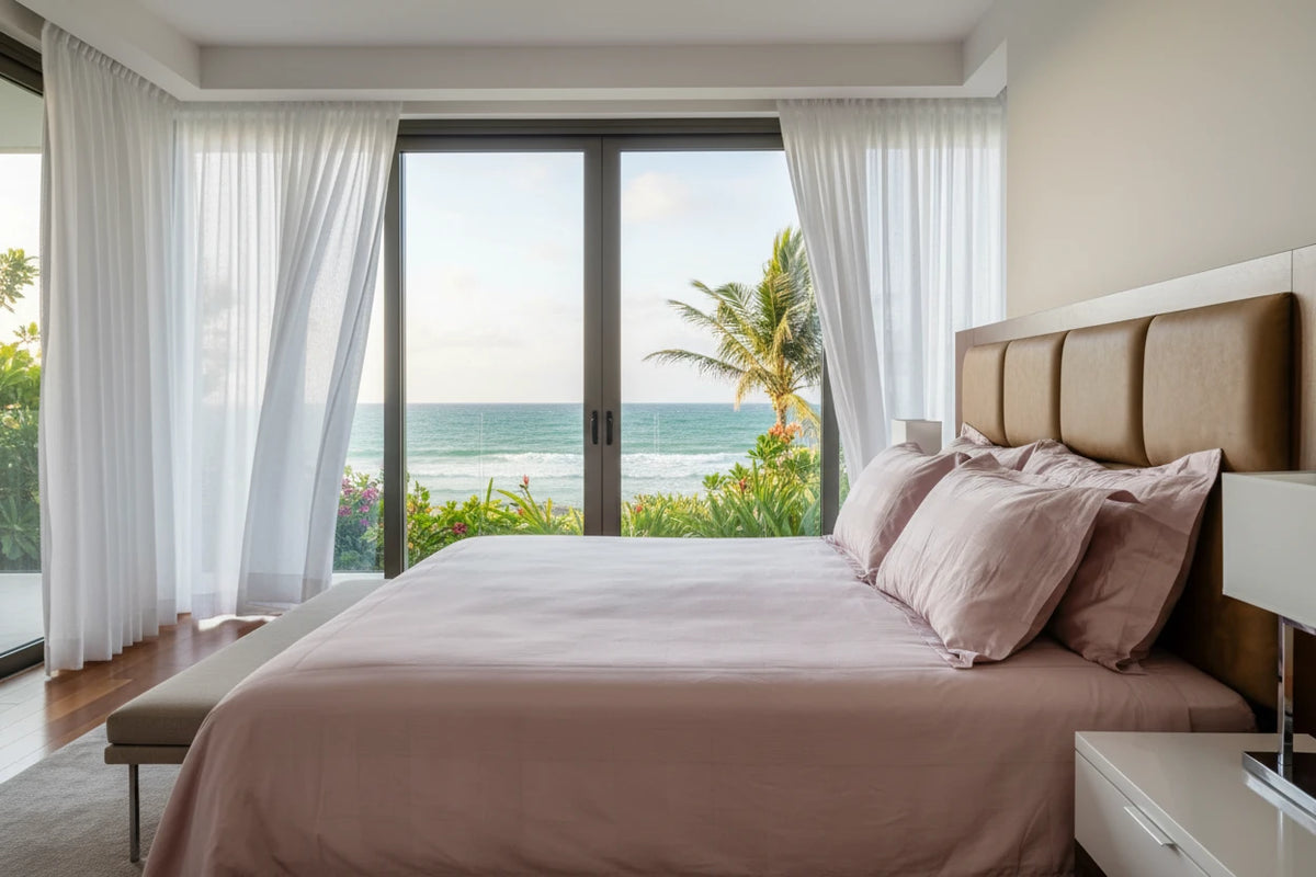 Full bedroom view displaying Hush luxury classic pink cotton bedsheet styled in an ocean-view bedroom with matching pillows and elegant tonal plaid design