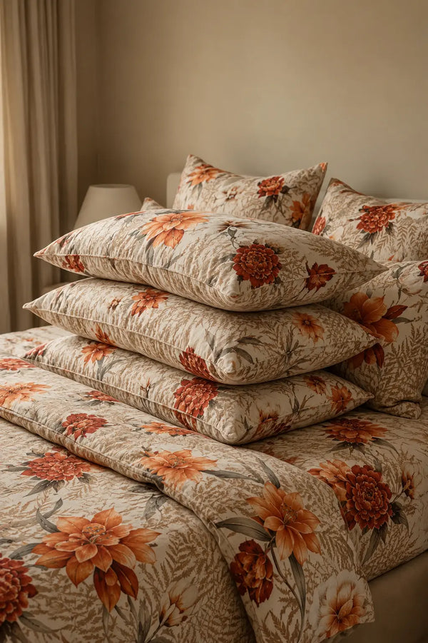 Stacked Symmetry floral cotton bedsheet and pillow covers showing premium fabric thickness, neat finishing, and elegant tropical design.