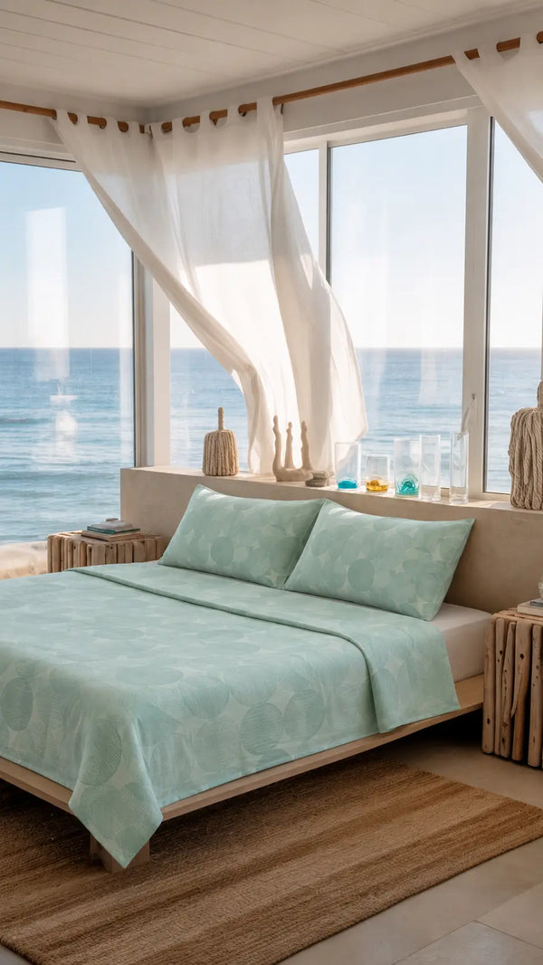 Luxury sea green cotton bedsheet set with breathable high thread count with sea facing lifestyle bedroom