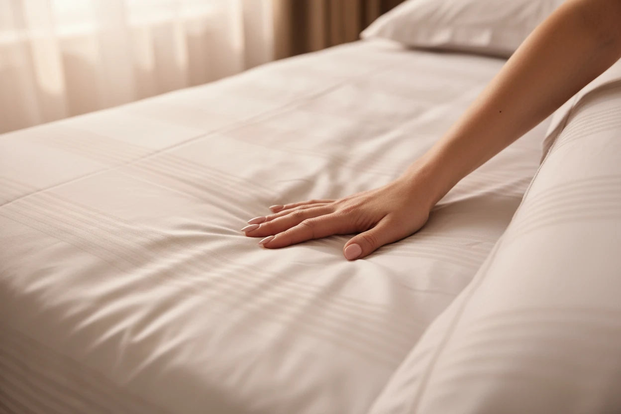 Close-up of Zenith steel grey luxury bedsheet showing silky-smooth 500 thread count cotton texture and breathable premium finish
