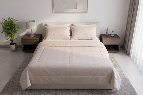 Zenith luxury cotton bedsheet in steel grey styled on a modern bed with crisp stripes, matching pillows, and hotel-inspired elegance