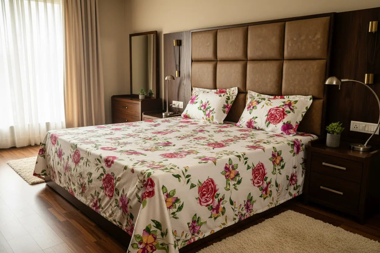 Complete bed styling of Couture white and fuchsia floral luxury bedsheet with matching pillow covers displayed on a stylish bedroom bed
