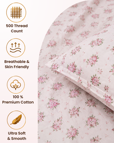 Manor | King Size Bedsheet | Off White & Rose Pink | 500 TC | 100% Cotton | 2 Pillow Covers