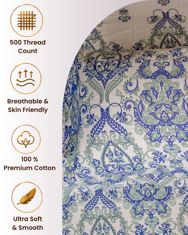 Kinetic | King Size Bedsheet | White & Indigo | 500 TC | 100% Cotton | 2 Pillow Covers